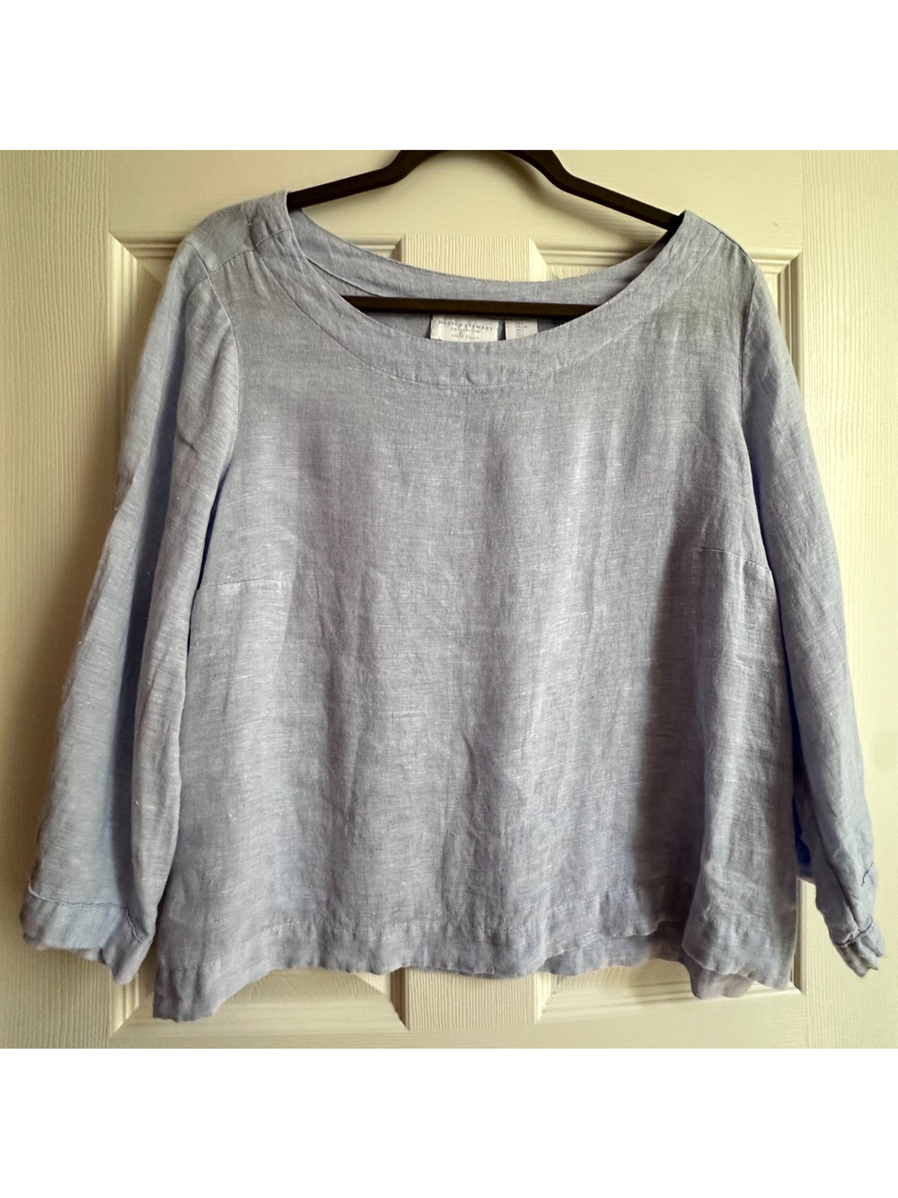 Martha Stewart Collection Womens Large 100% Linen Light Blue 3/4 Sleeve Top